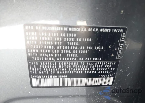 2021 Volkswagen Tiguan 2.0T Se/2.0T Se R-Line Black/2.0T Sel из США, поврежденный, VIN 3VV3B7AX3MM018900